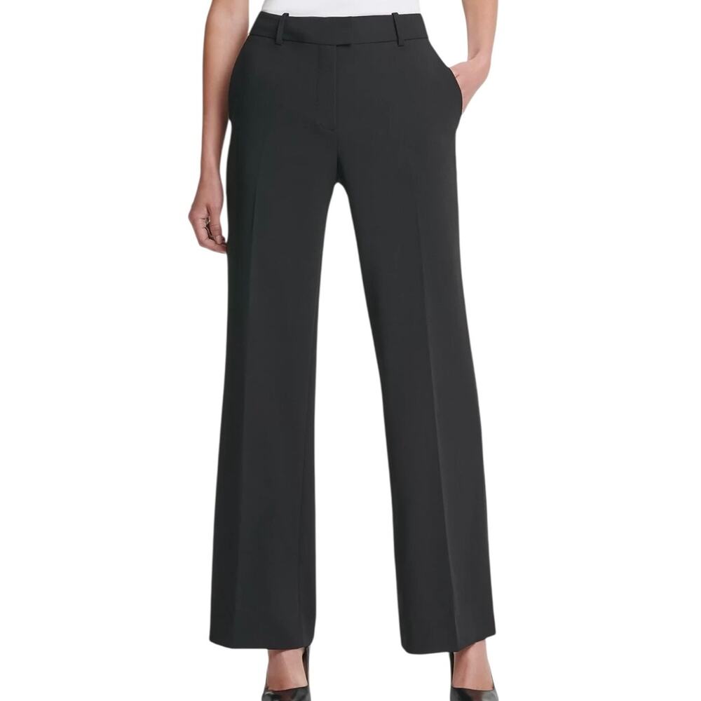 DKNY Women’s Solid Fixed Waist Slant Pocket Wide Leg Pants Black Size 14P